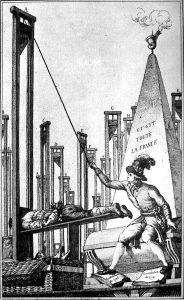 A satirical engraving of Robespierre guillotining the executioner after having guillotined everyone else in France.
